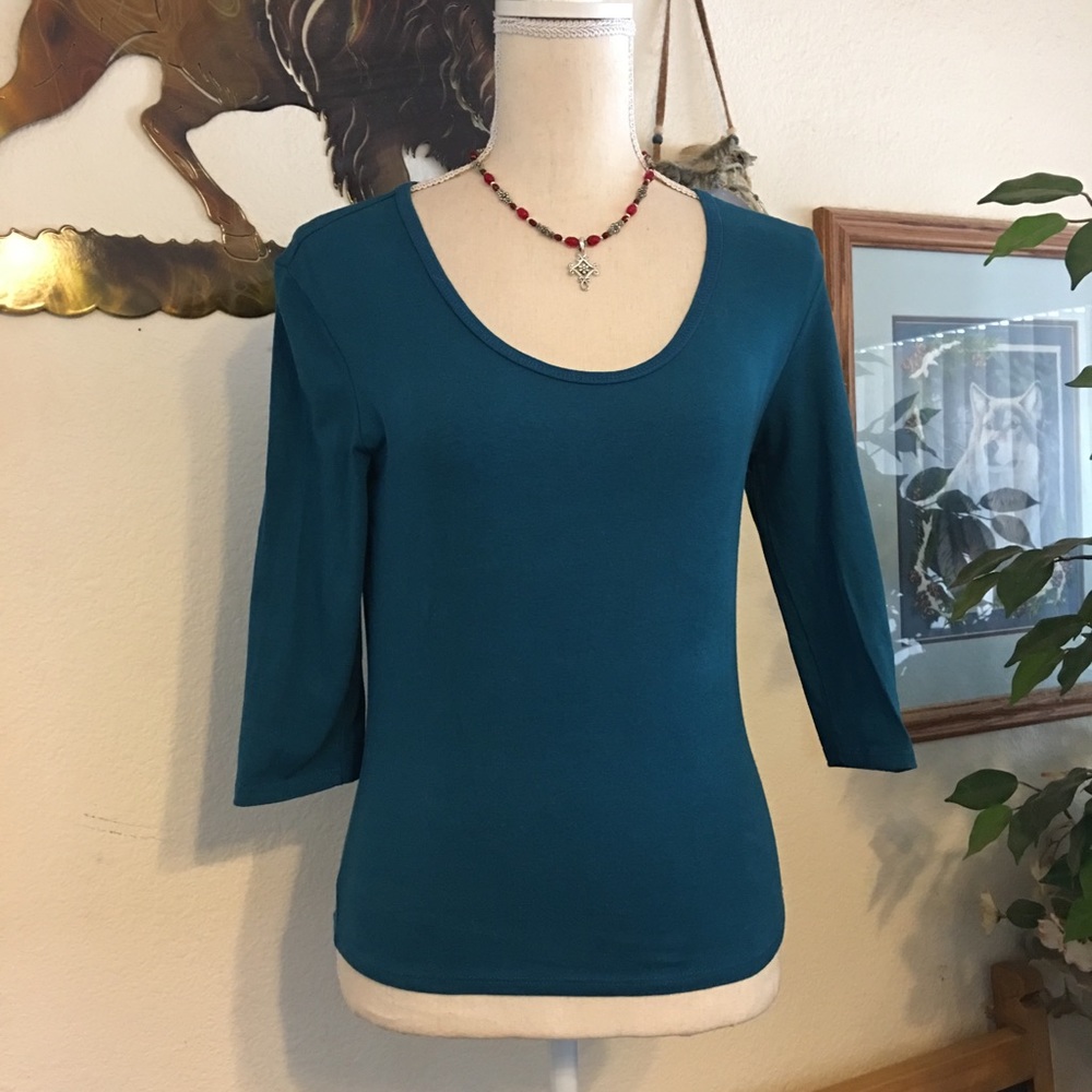 ellemenno turquoise blue 3/4 sleeve stretch top S